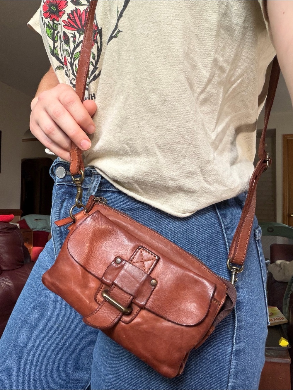 Small Brown Leather Mini Bag with Buckle Detail